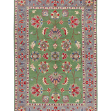 Full front view of green & ivory Kazak-inspired wool rug 29646.