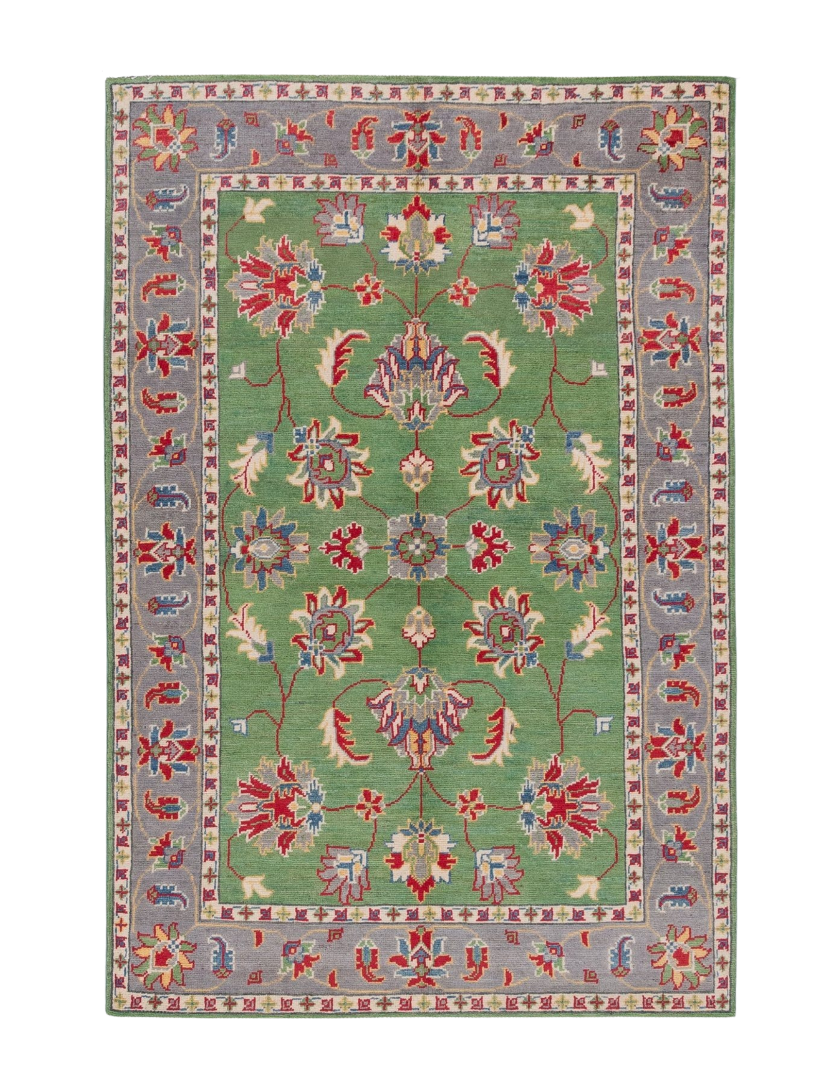 Full front view of green & ivory Kazak-inspired wool rug 29646.
