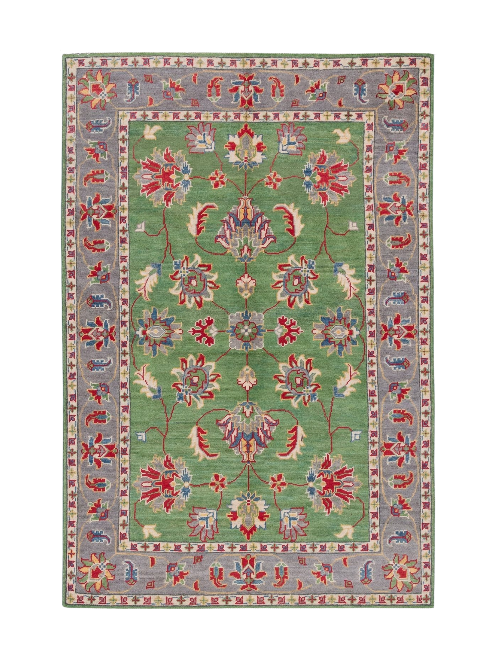 Full front view of green & ivory Kazak-inspired wool rug 29646.