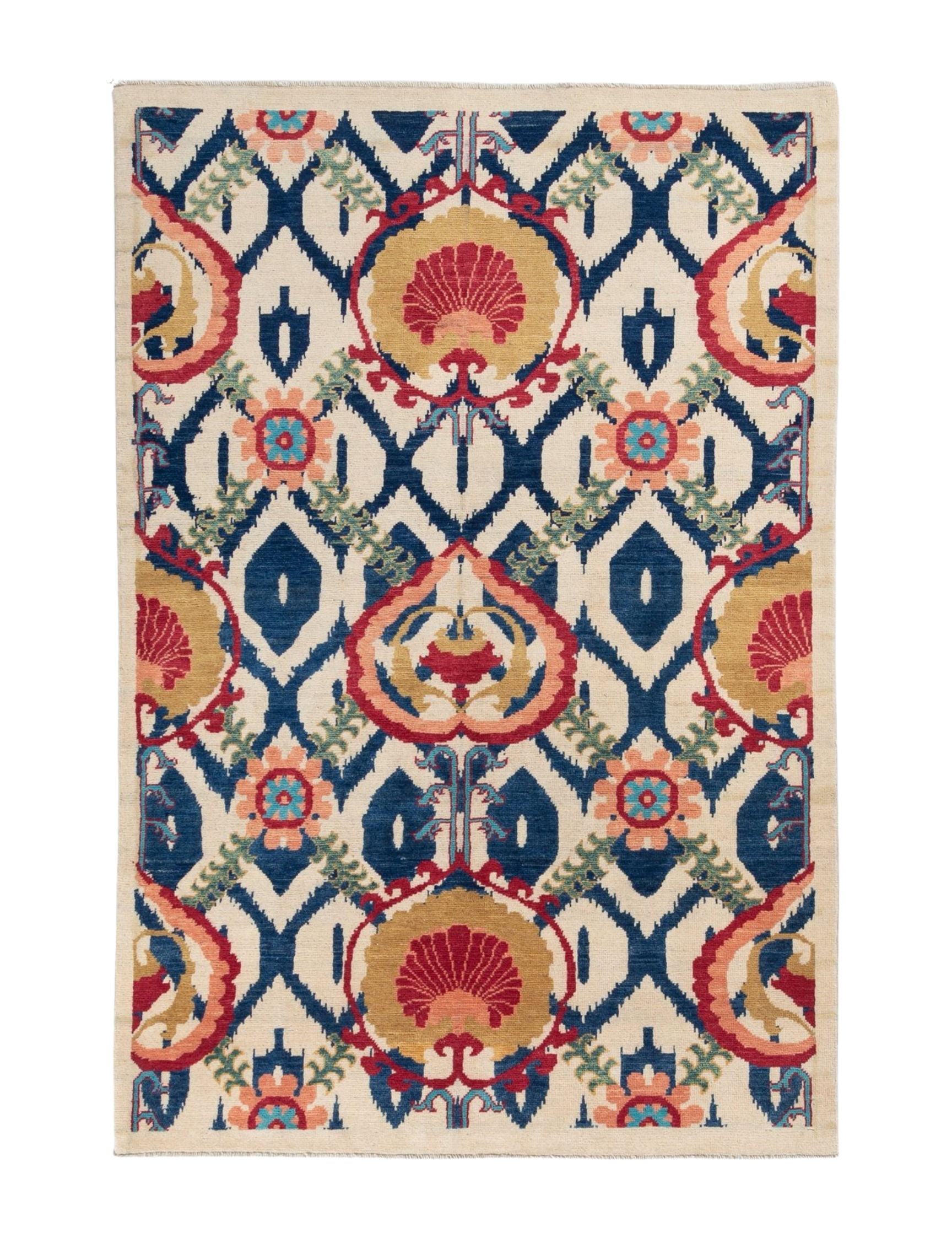 Full front view of ivory & blue Kazak-inspired wool rug 27444.