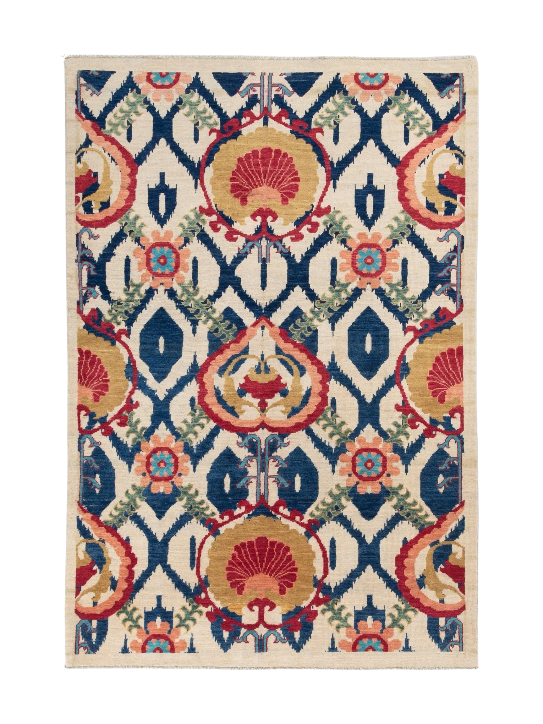 Full front view of ivory & blue Kazak-inspired wool rug 27444.