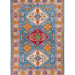 Full front view of blue & red Kazak-inspired wool rug 27434.