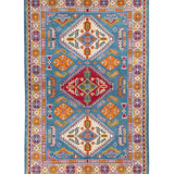 Full front view of blue & red Kazak-inspired wool rug 27434.