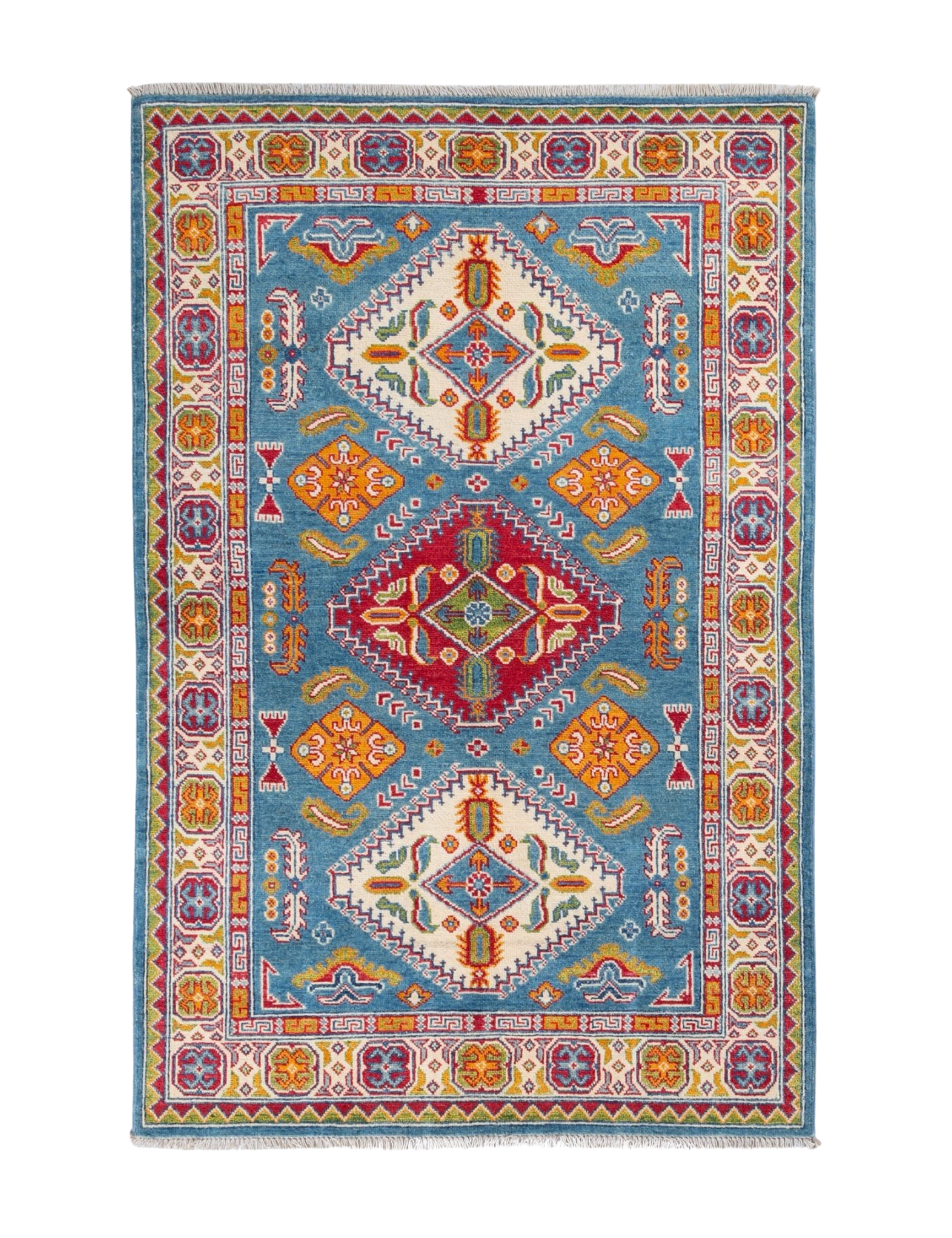 Full front view of blue & red Kazak-inspired wool rug 27434.