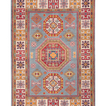 Full front view of blue & red Kazak-inspired wool rug 27433.