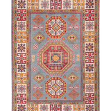 Full front view of blue & red Kazak-inspired wool rug 27433.