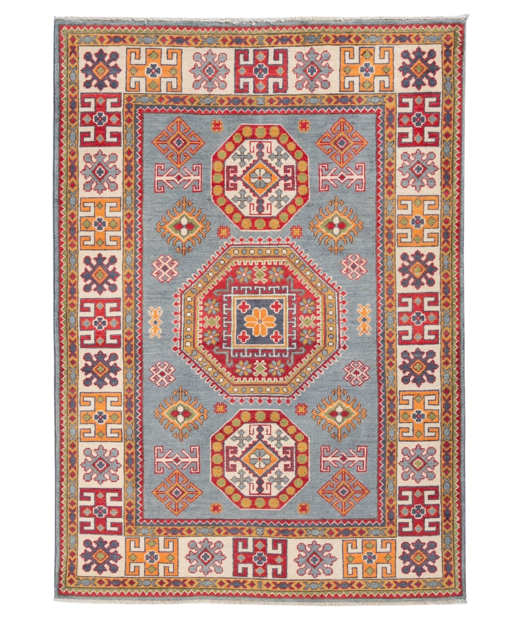 Full front view of blue & red Kazak-inspired wool rug 27433.