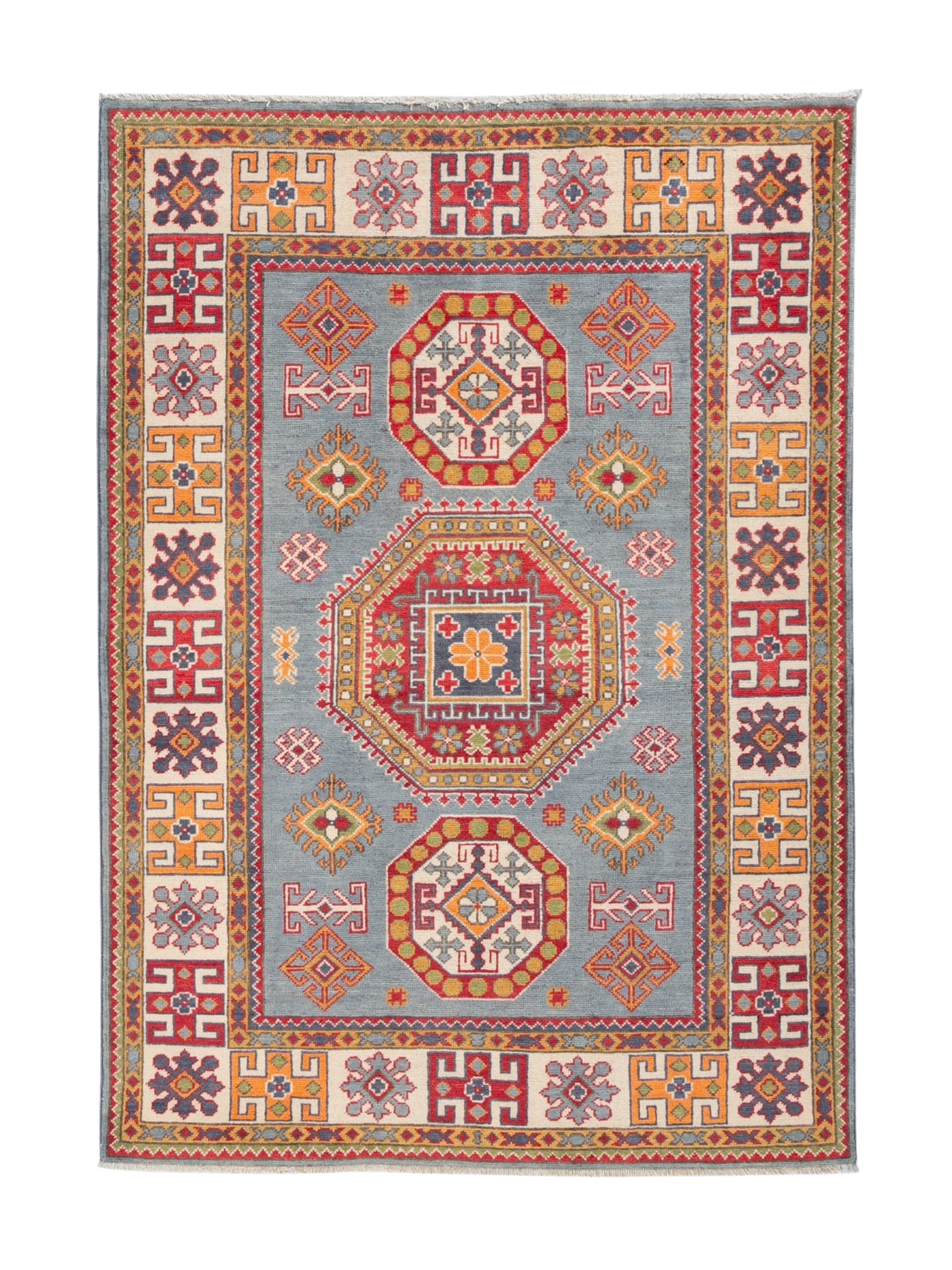 Full front view of blue & red Kazak-inspired wool rug 27433.