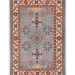 Full front view of blue & red Kazak-inspired wool rug 27430.