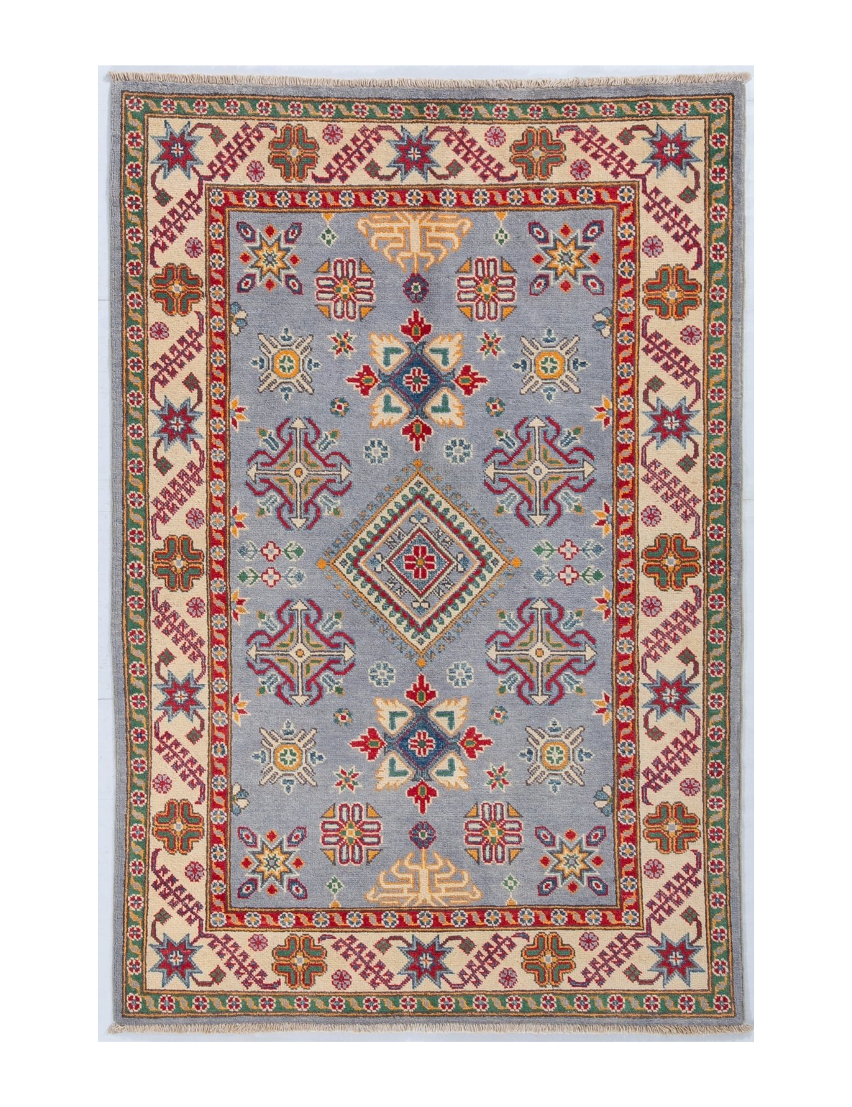 Full front view of blue & red Kazak-inspired wool rug 27430.