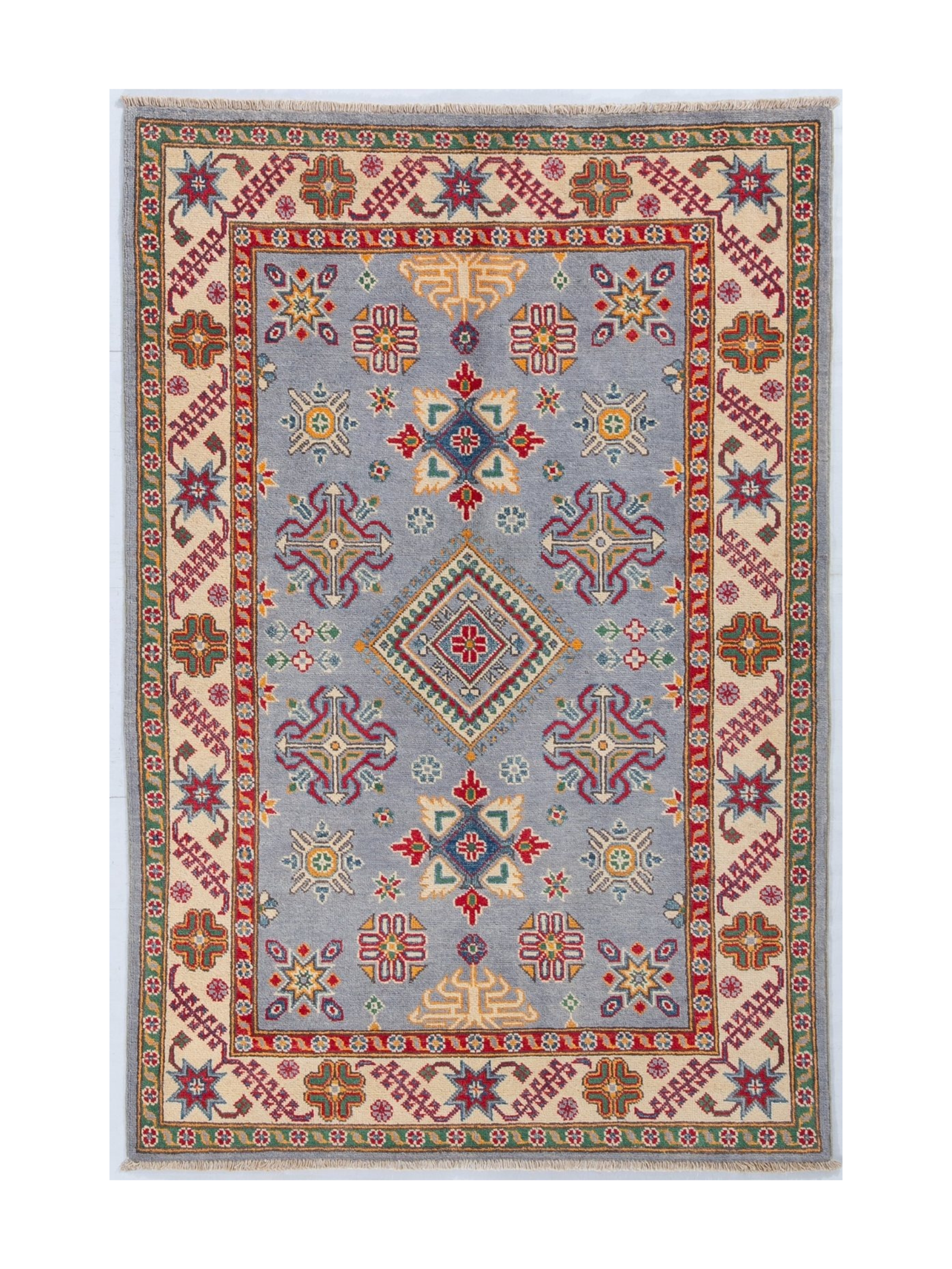 Full front view of blue & red Kazak-inspired wool rug 27430.