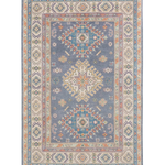 Full front view of blue & ivory Kazak-inspired wool rug 26753.