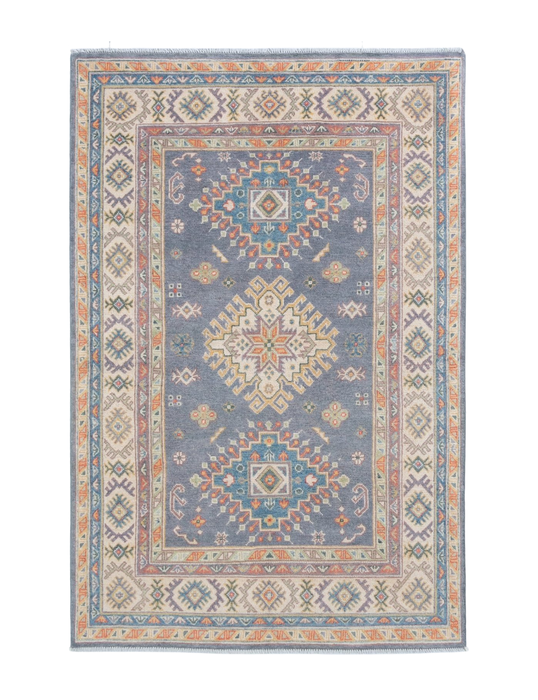 Full front view of blue & ivory Kazak-inspired wool rug 26753.