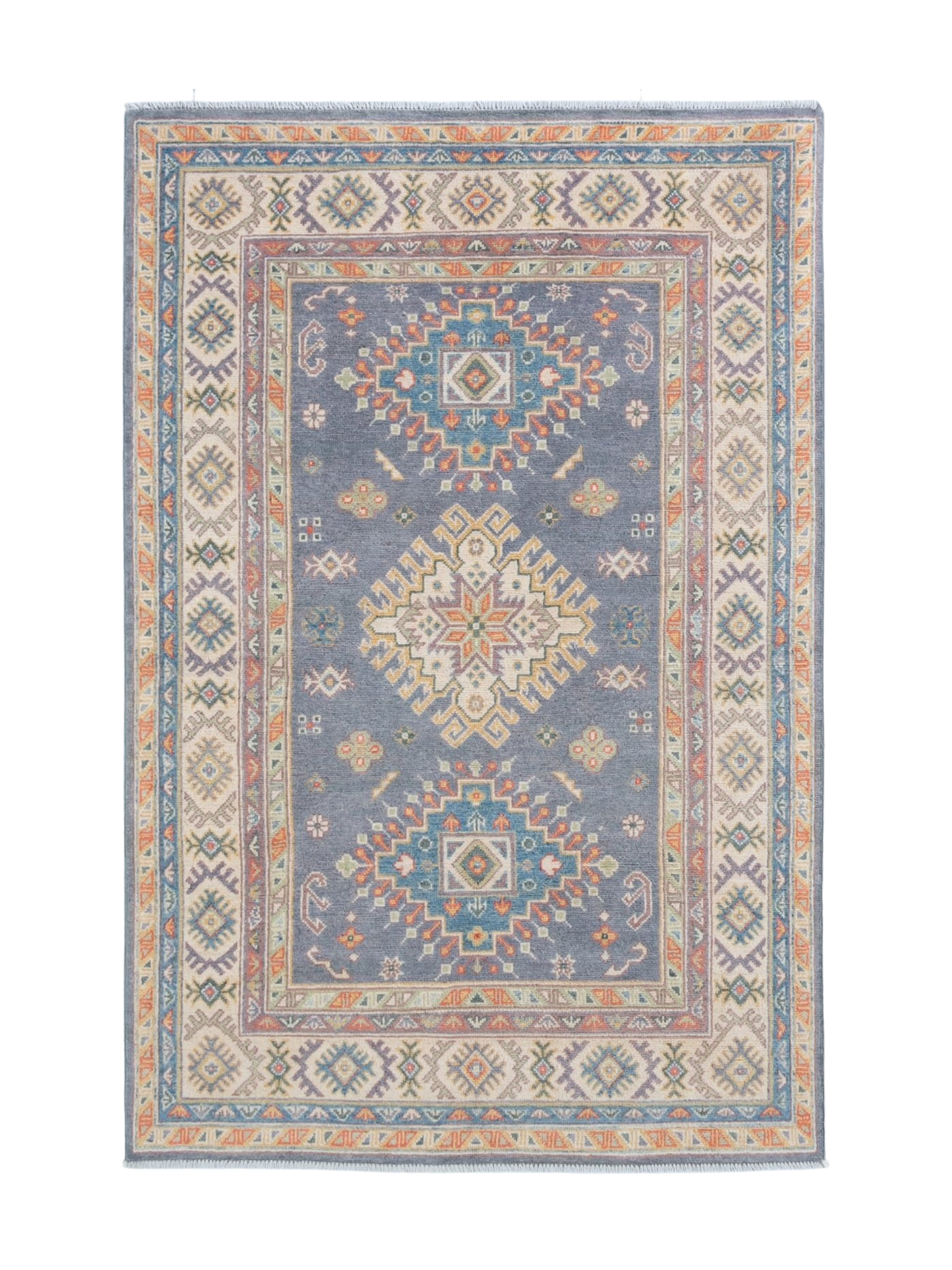 Full front view of blue & ivory Kazak-inspired wool rug 26753.