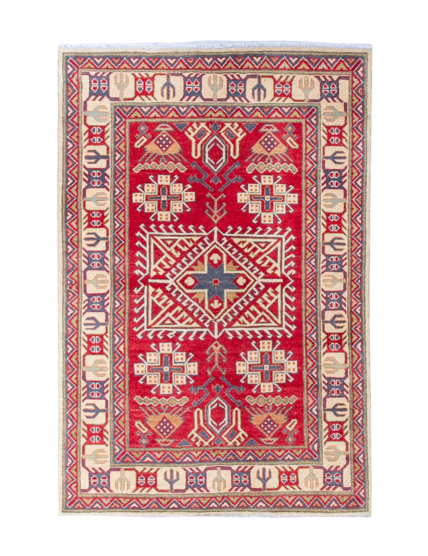 Full front view of red & ivory Kazak-inspired wool rug 23925.