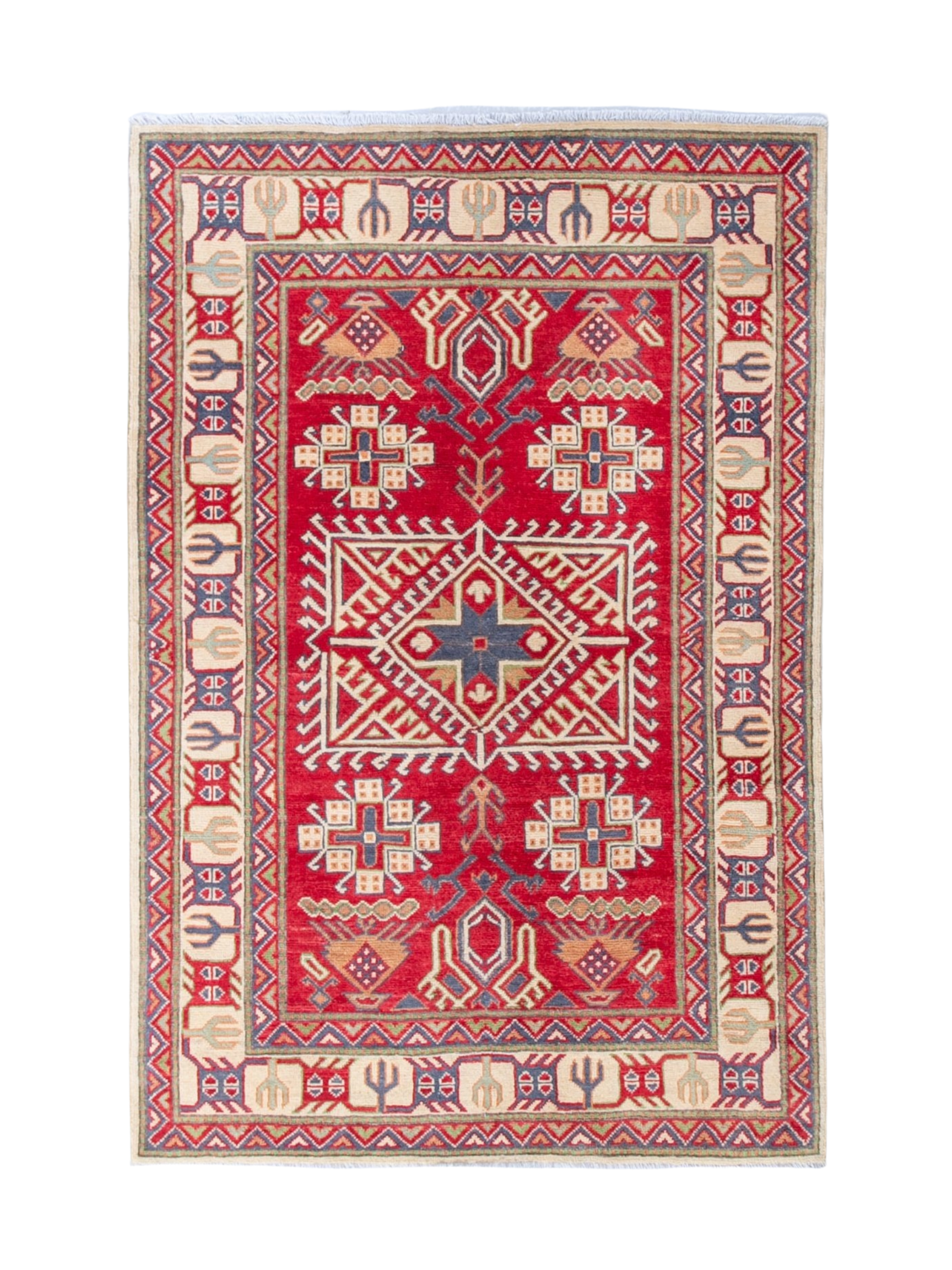 Full front view of red & ivory Kazak-inspired wool rug 23925.