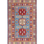 Full front view of blue & red Kazak-inspired wool rug 22077.
