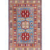 Full front view of blue & red Kazak-inspired wool rug 22077.