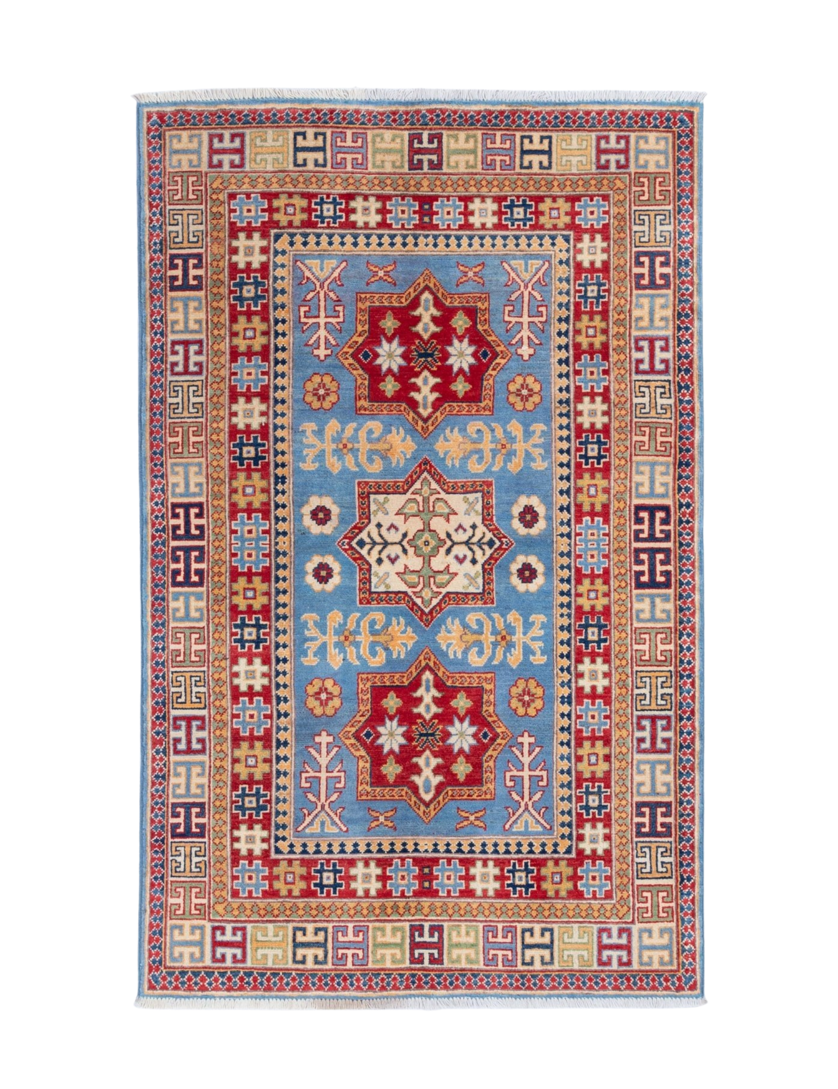 Full front view of blue & red Kazak-inspired wool rug 22077.
