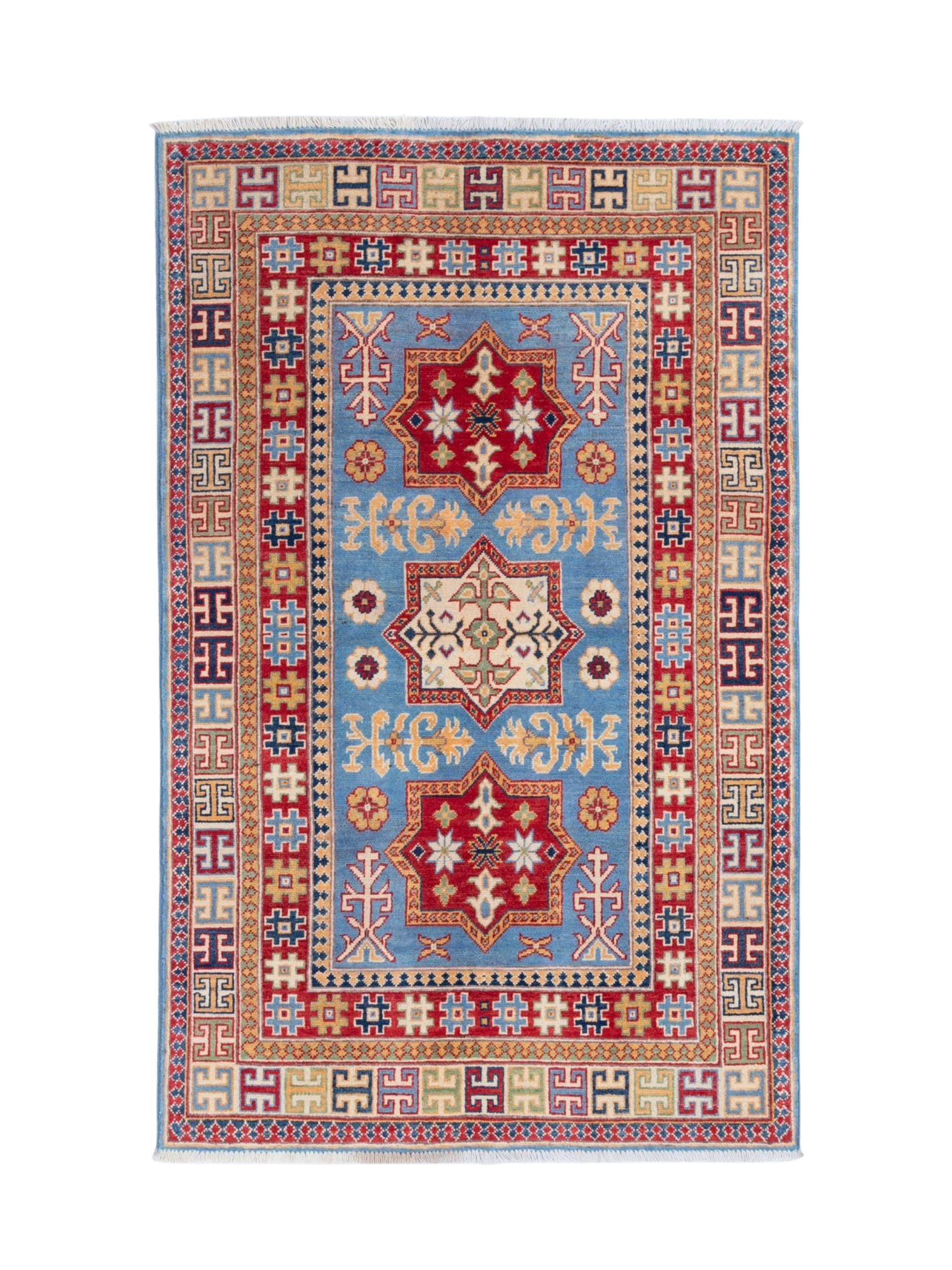 Full front view of blue & red Kazak-inspired wool rug 22077.