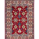 Full front view of red & ivory Kazak-inspired wool rug 21997.