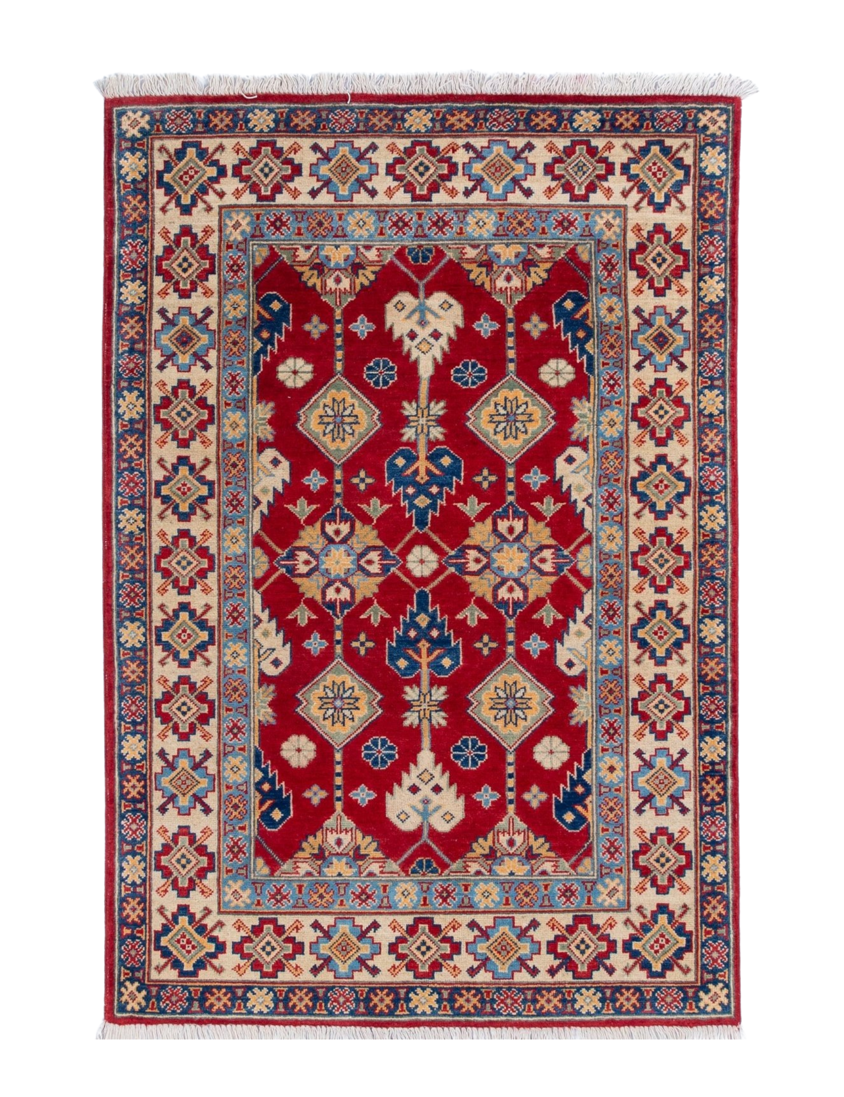 Full front view of red & ivory Kazak-inspired wool rug 21997.