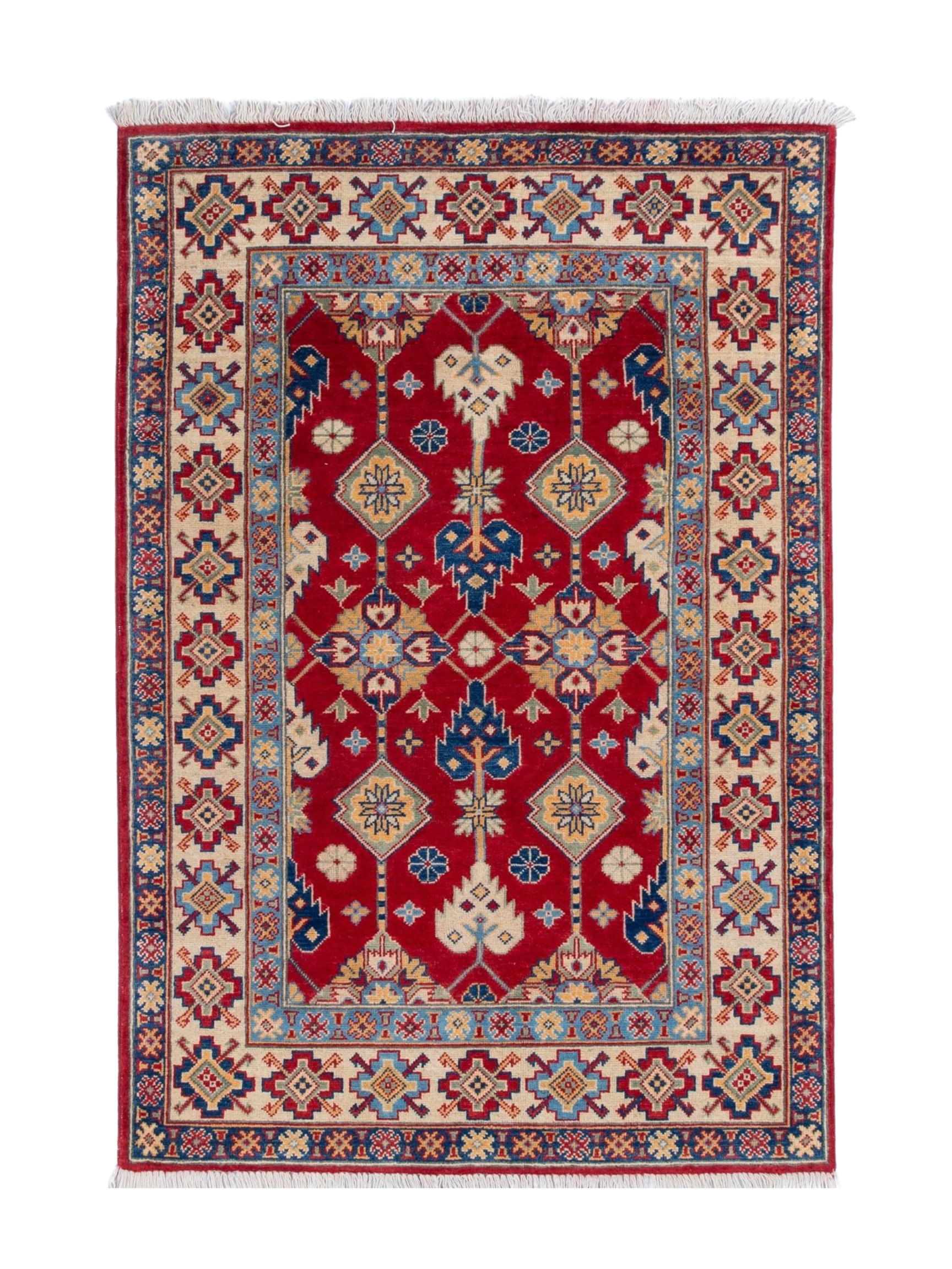 Full front view of red & ivory Kazak-inspired wool rug 21997.