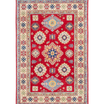 Full front view of red & ivory Kazak-inspired wool rug 21984.