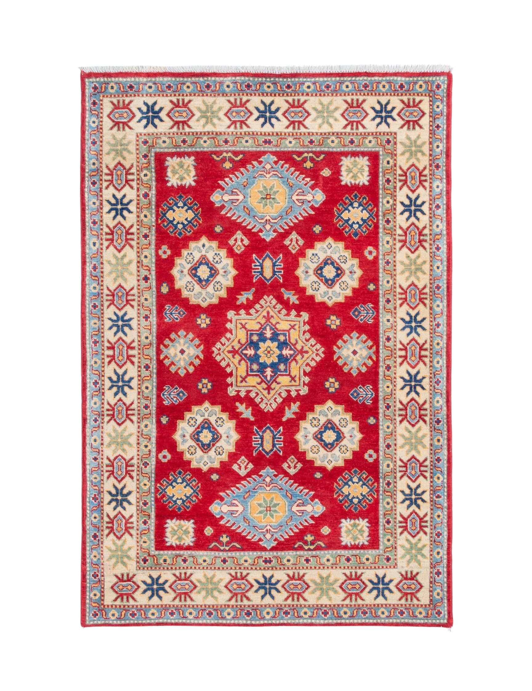 Full front view of red & ivory Kazak-inspired wool rug 21984.