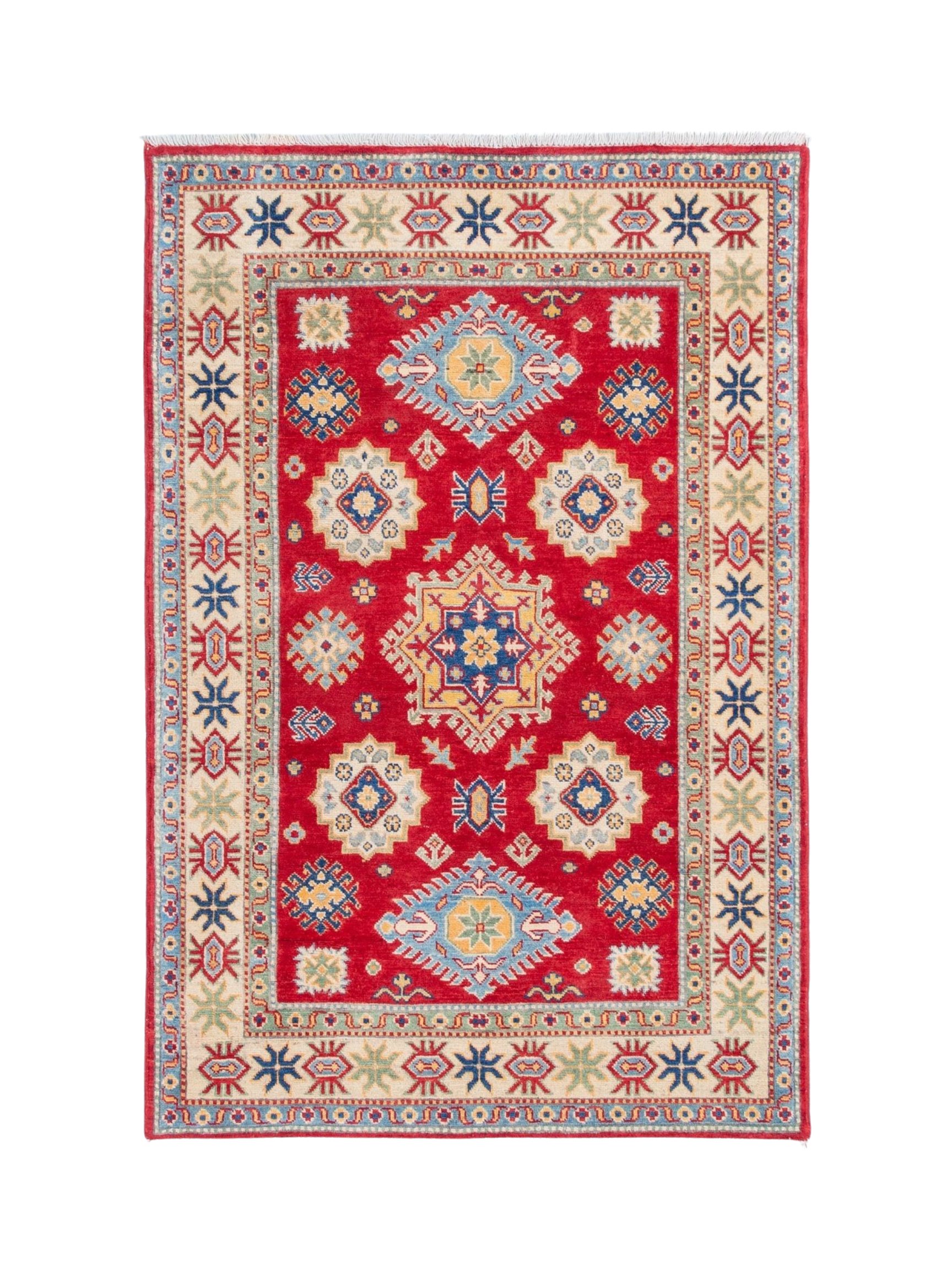 Full front view of red & ivory Kazak-inspired wool rug 21984.