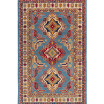 Full front view of blue & red Kazak-inspired wool rug 21980.