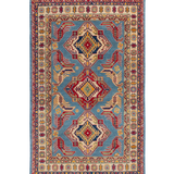 Full front view of blue & red Kazak-inspired wool rug 21980.