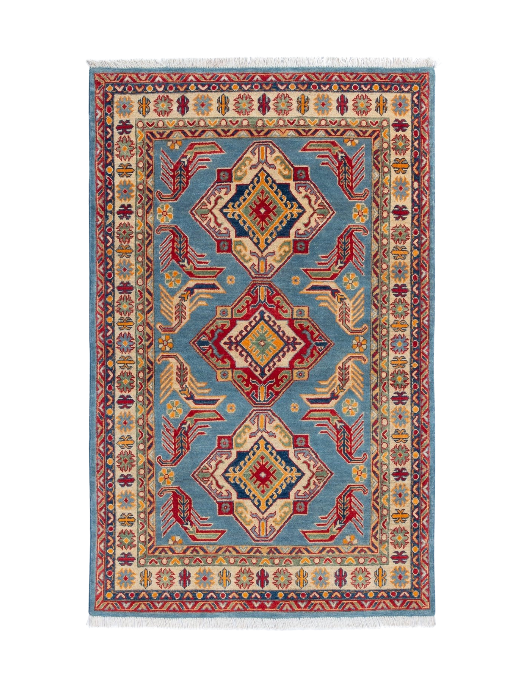 Full front view of blue & red Kazak-inspired wool rug 21980.