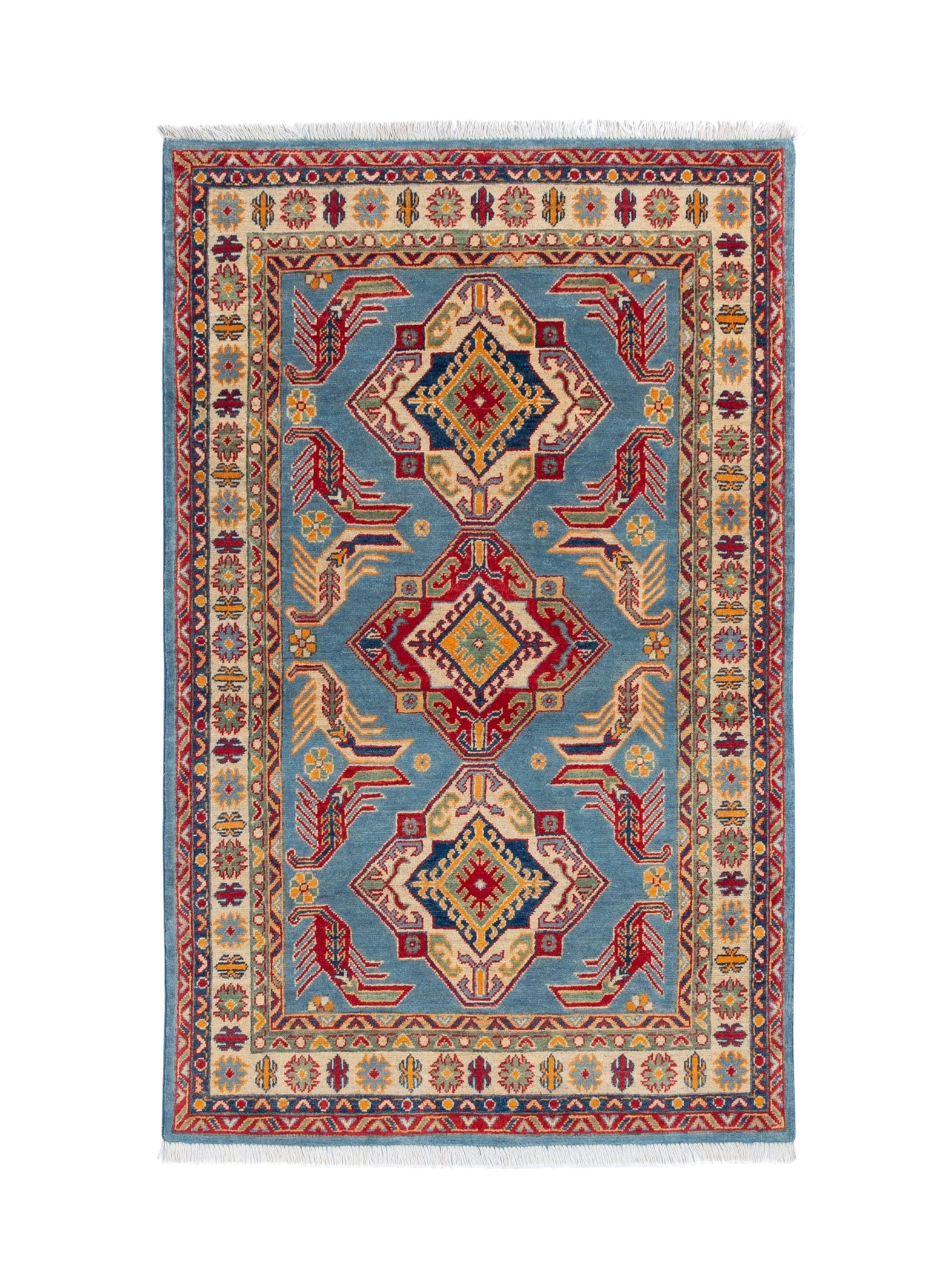 Full front view of blue & red Kazak-inspired wool rug 21980.