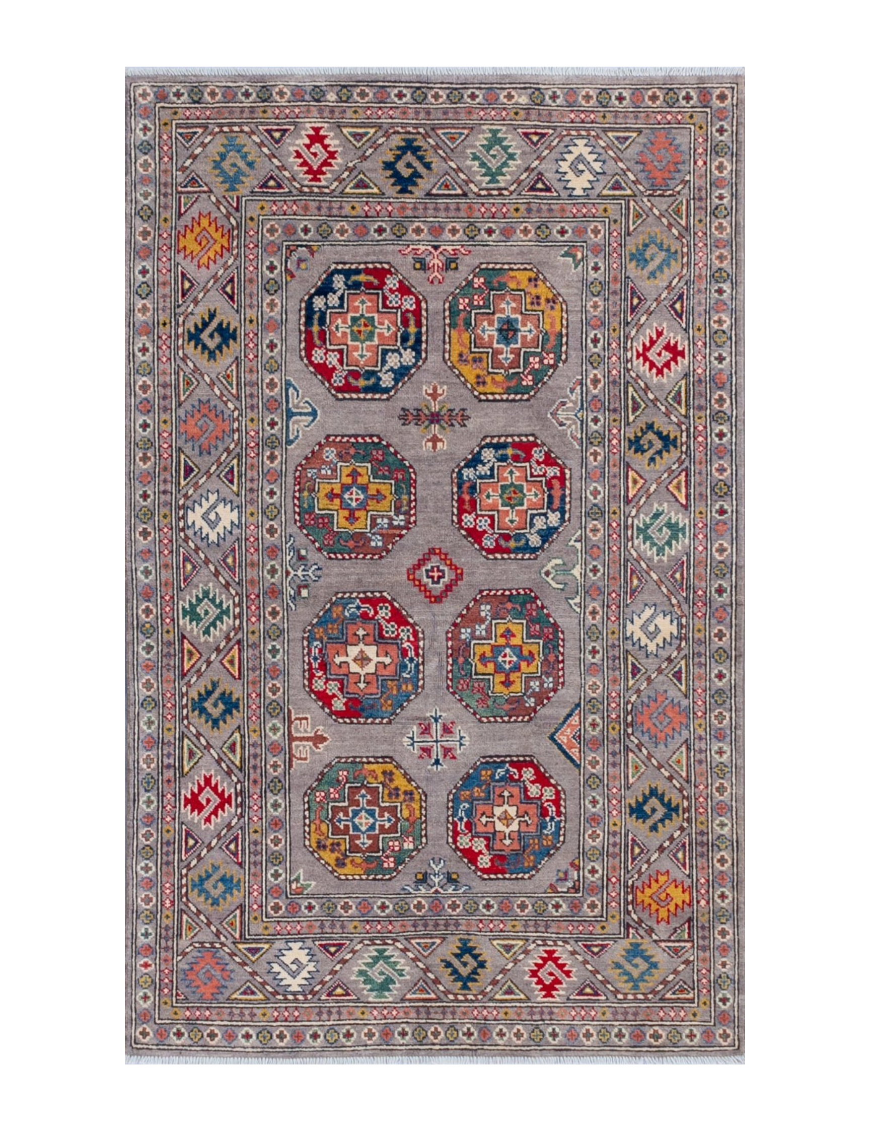 Full front view of blue & red Kazak-inspired wool rug 21479.
