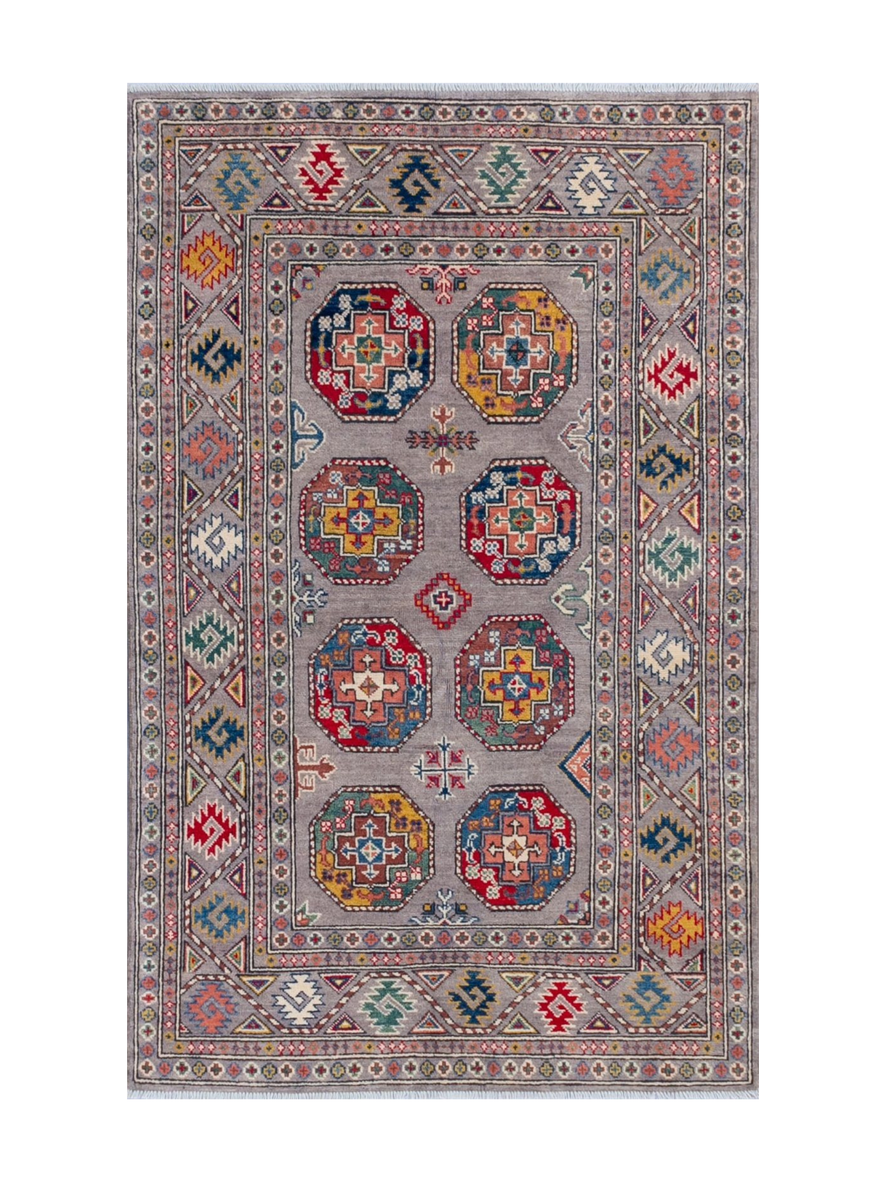 Full front view of blue & red Kazak-inspired wool rug 21479.