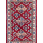 Full front view of red & blue Kazak-inspired wool rug 21434.