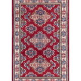 Full front view of red & blue Kazak-inspired wool rug 21434.