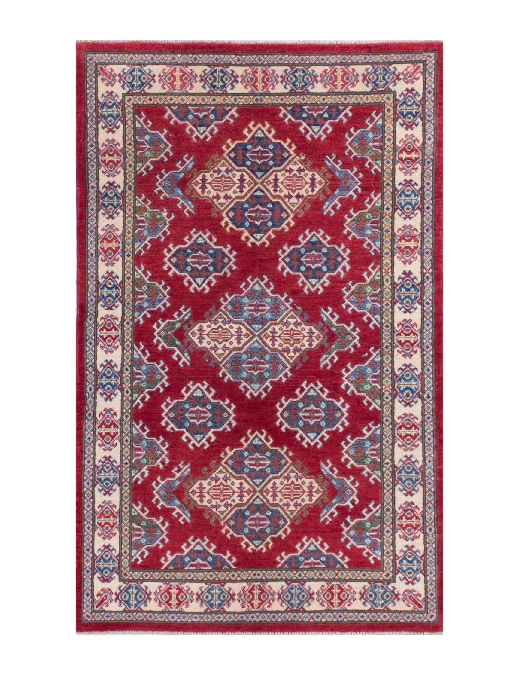 Full front view of red & blue Kazak-inspired wool rug 21434.