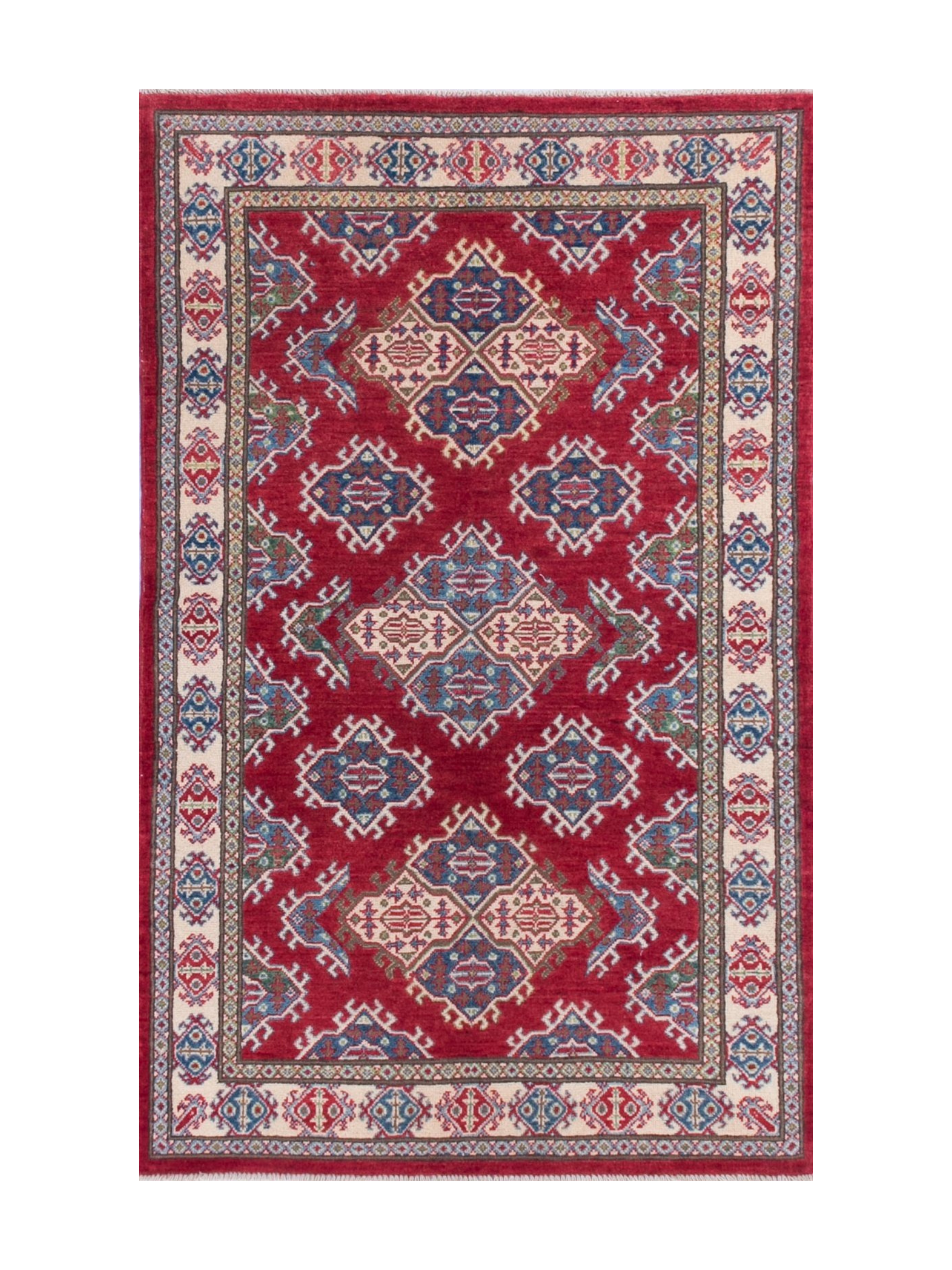 Full front view of red & blue Kazak-inspired wool rug 21434.