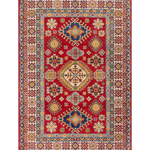 Full front view of red & blue Kazak-inspired wool rug 19414.