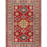 Full front view of red & blue Kazak-inspired wool rug 19414.