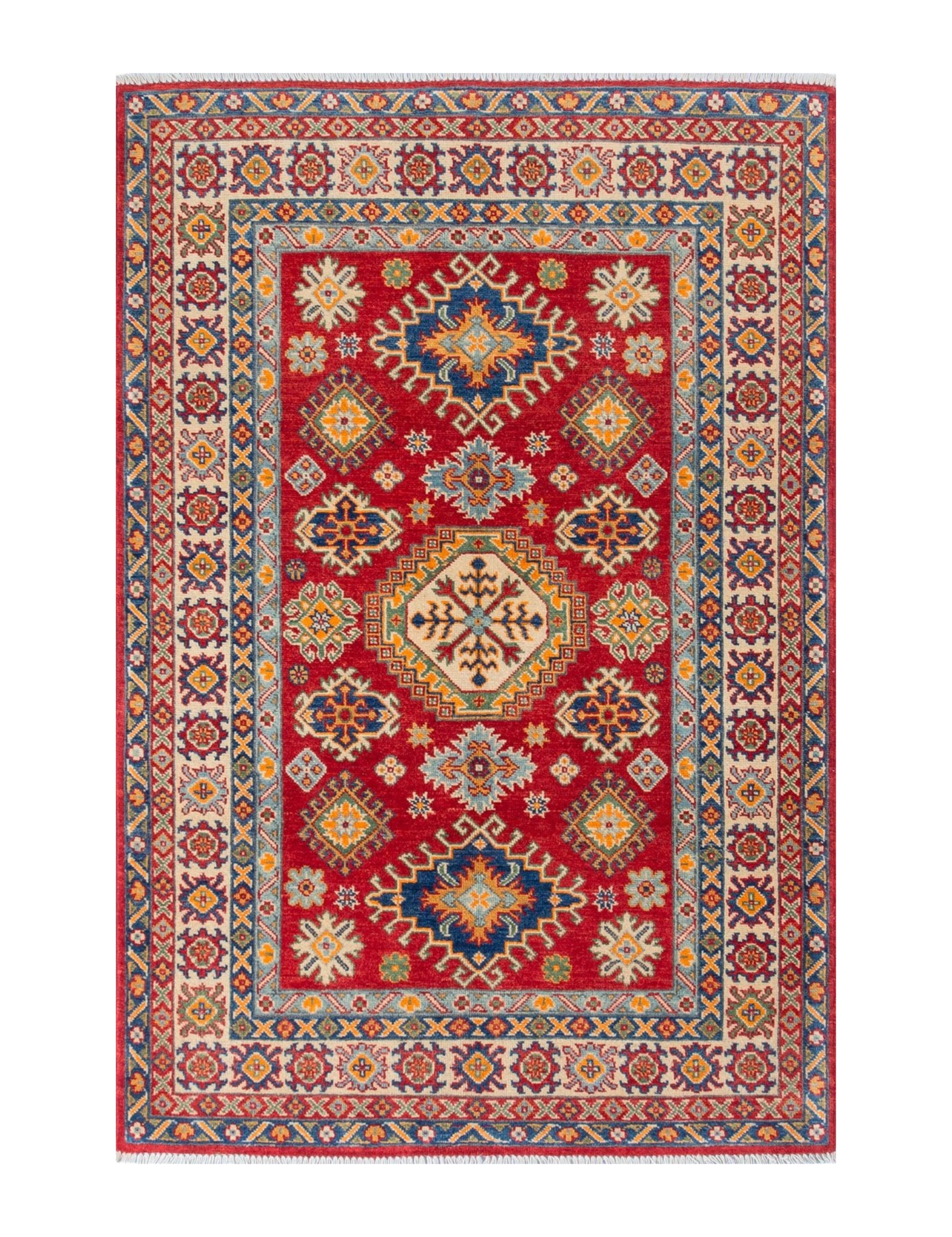 Full front view of red & blue Kazak-inspired wool rug 19414.