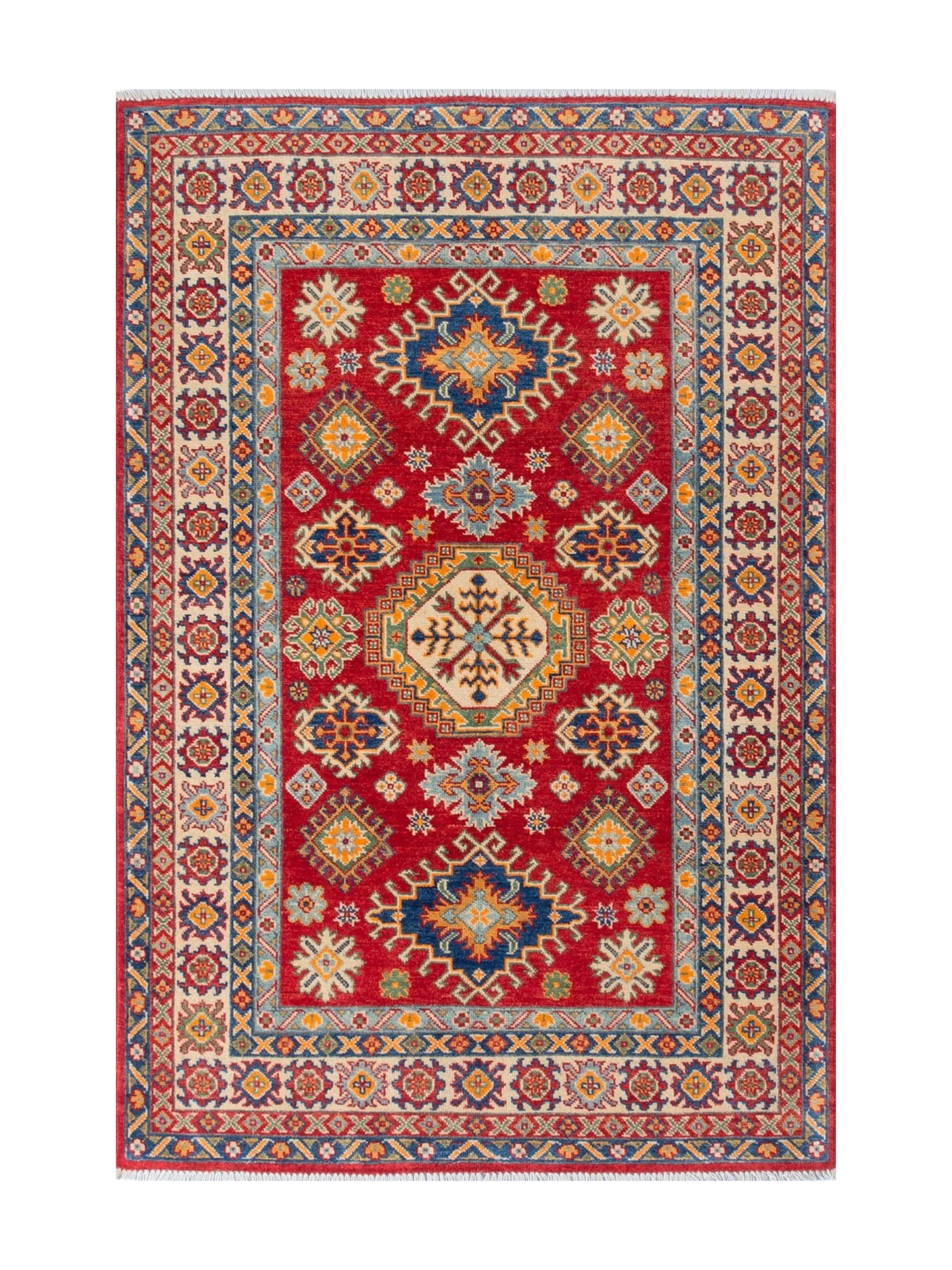 Full front view of red & blue Kazak-inspired wool rug 19414.