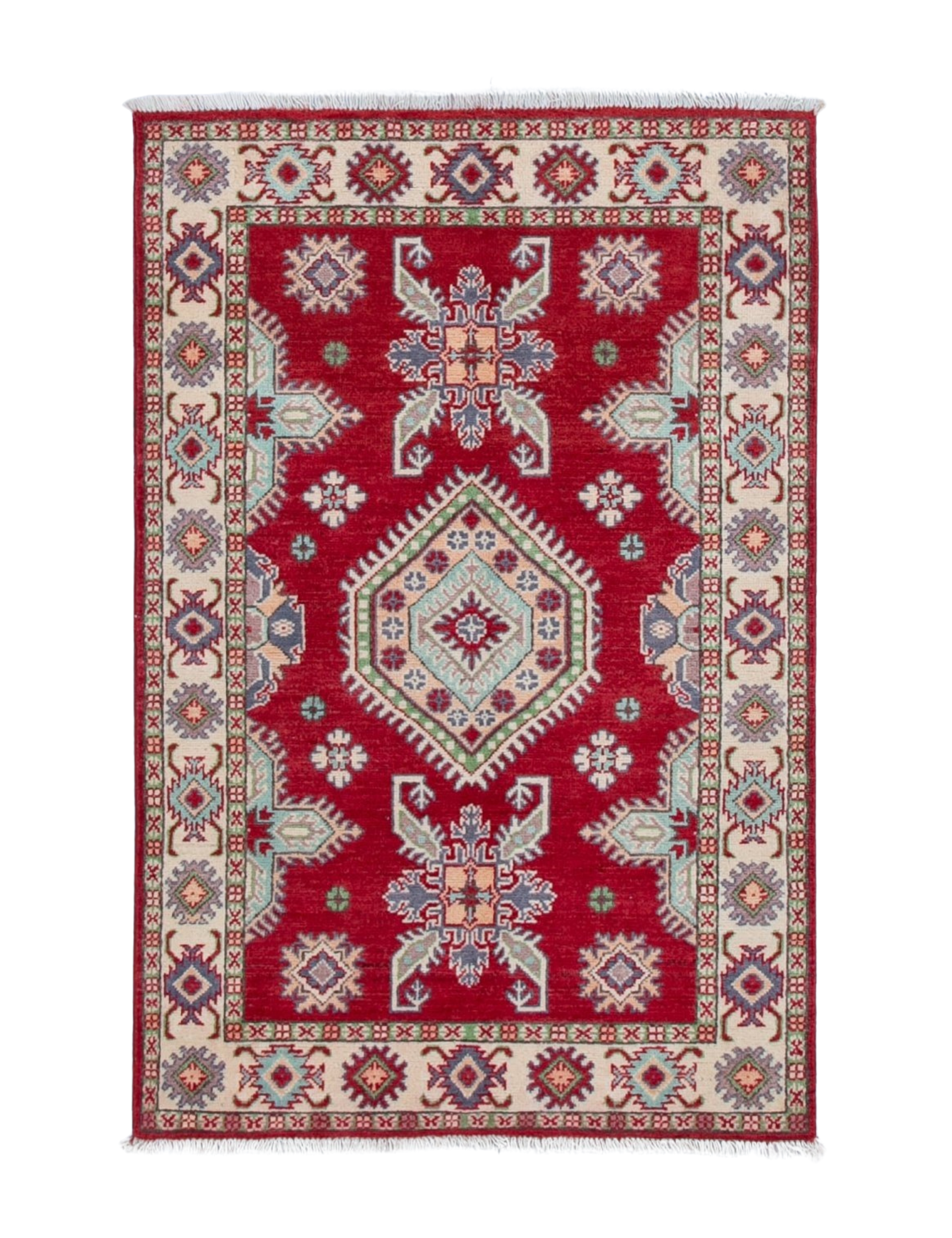 Full front view of red & ivory Kazak-inspired wool rug 23375.