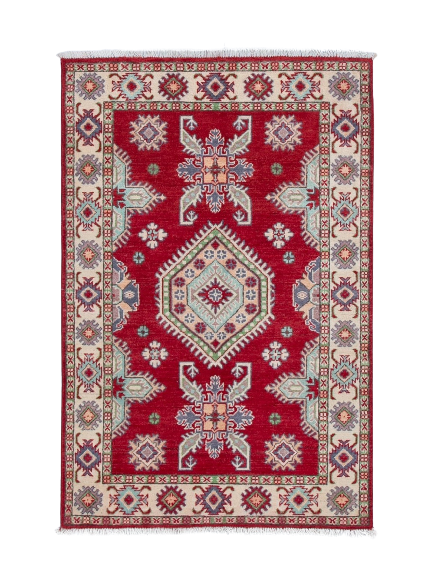 Full front view of red & ivory Kazak-inspired wool rug 23375.