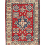 Full front view of red & blue Kazak-inspired wool rug 15499.