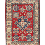 Full front view of red & blue Kazak-inspired wool rug 15499.
