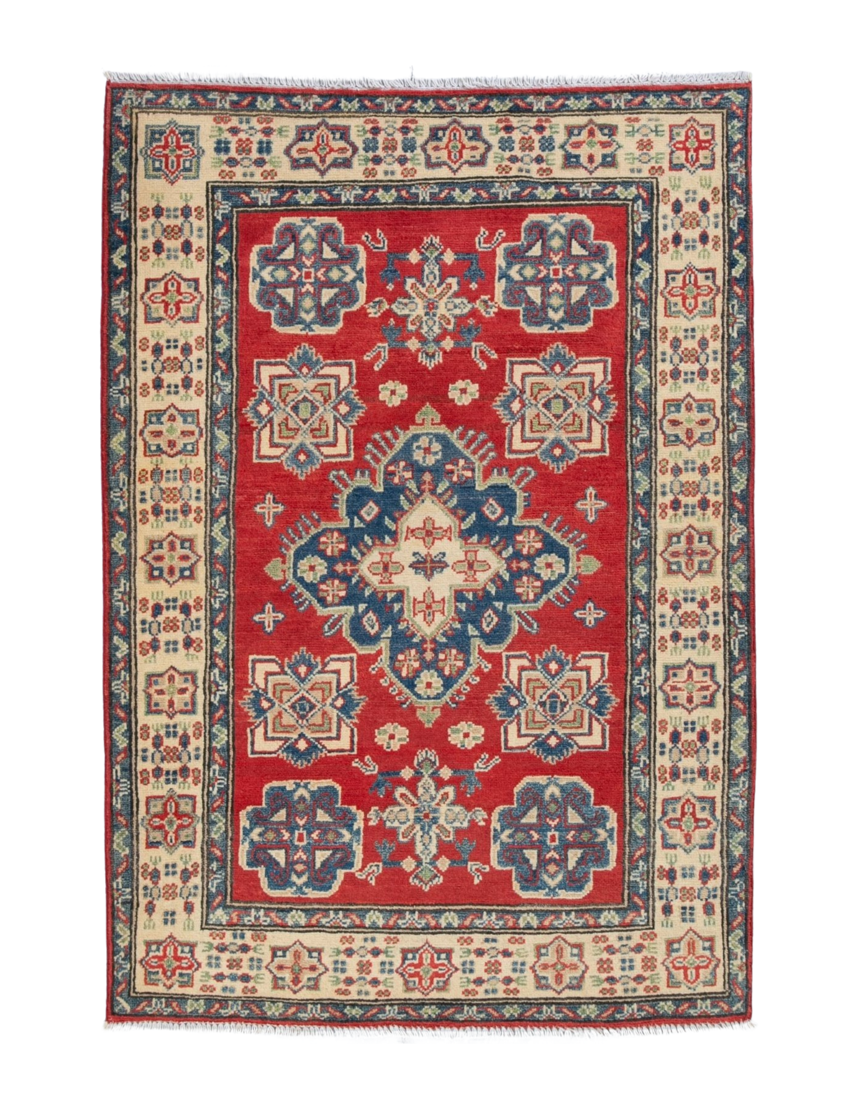 Full front view of red & blue Kazak-inspired wool rug 15499.