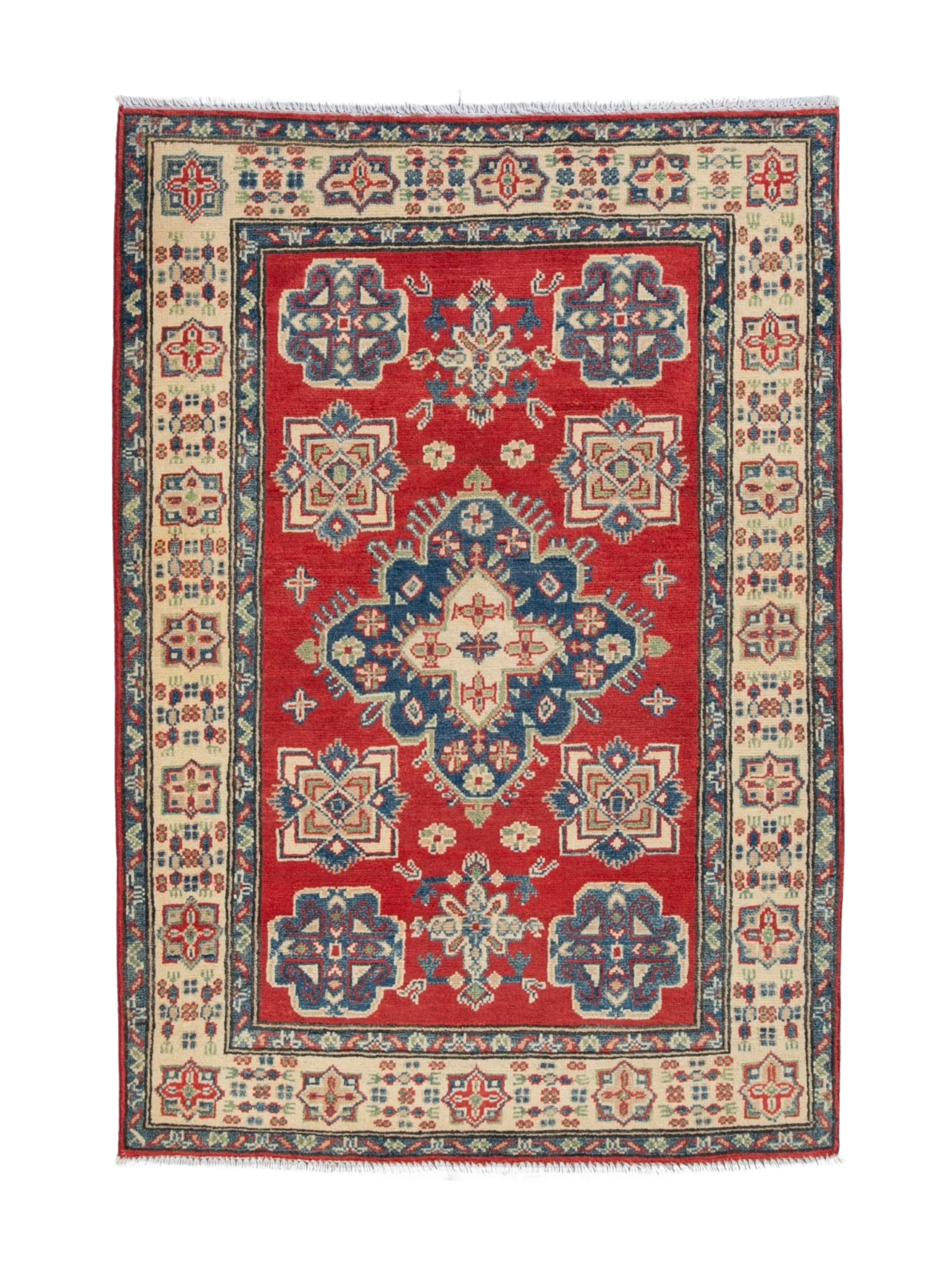 Full front view of red & blue Kazak-inspired wool rug 15499.
